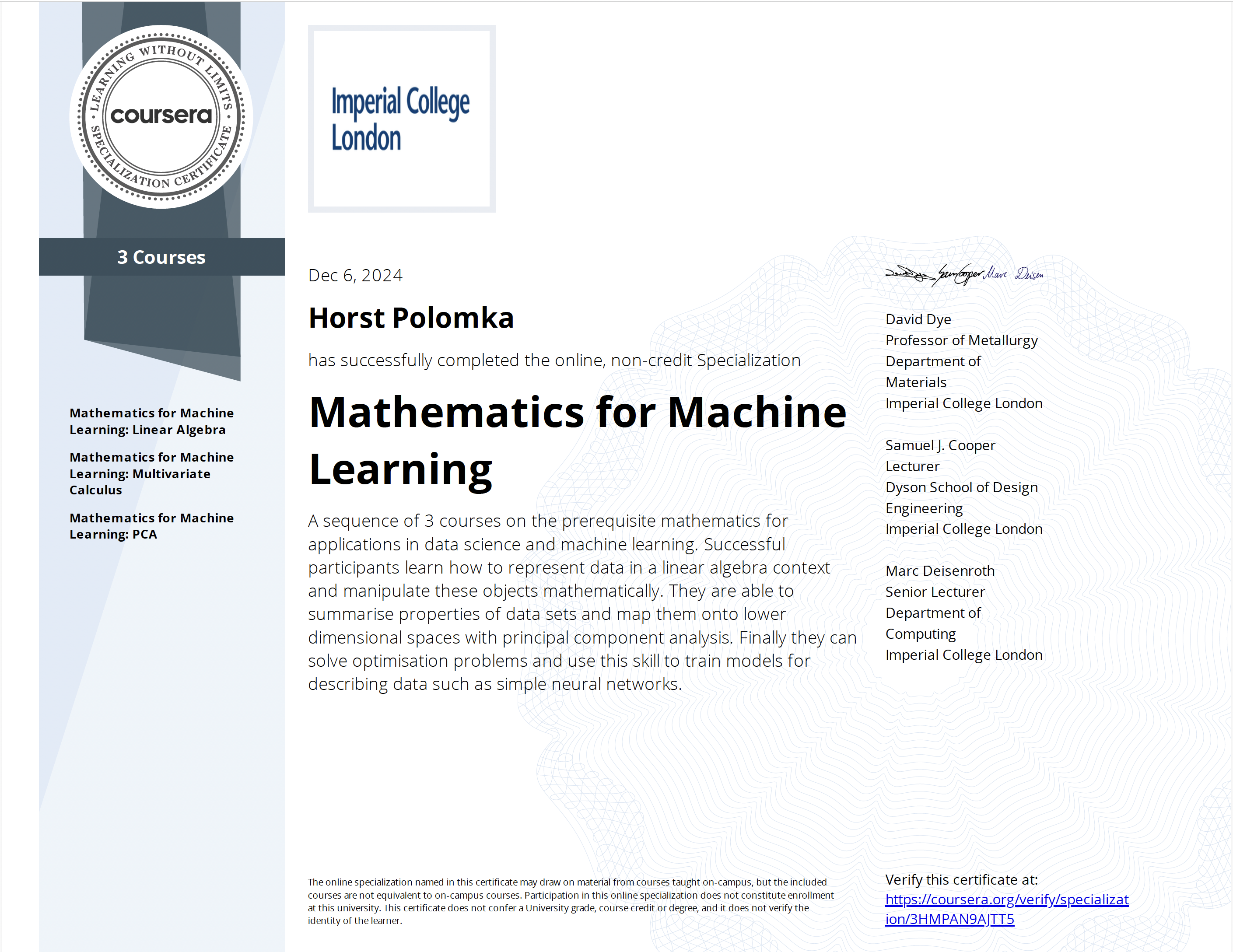 Mathematics for Machine Learning.